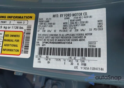 2021 Ford Bronco Sport Big Bend z USA, uszkodzony, nr VIN 3FMCR9B68MRA81954